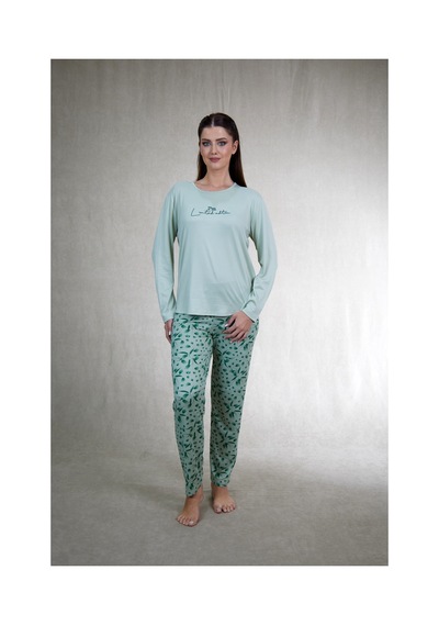 Estiva Kadın Flora Alt Desenli Soft Uzun Kollu Pijama Takımı Yeşil