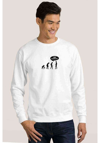 Stop Followıng Me Baskılı Beyaz Erkek Örme Sweatshirt