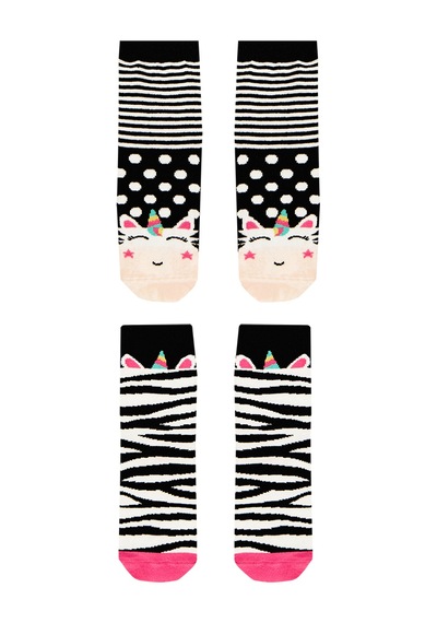 Kız Çocuk Zebra Desenli Pamuklu Siyah 2'li Paket Çorap 2-9 Yaş
