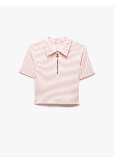 Koton Viskon Kumaş Karışımlı Pötikare Fermuarlı Kısa Kollu Crop Polo Yaka Tişört Pembe Çizgili 5sak50007ek Pembe Çizgili Pembe