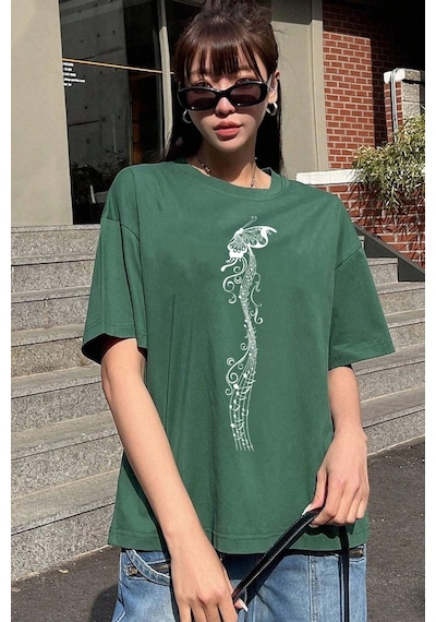 Unisex Butterfly Song Baskılı T-shirt Yeşil