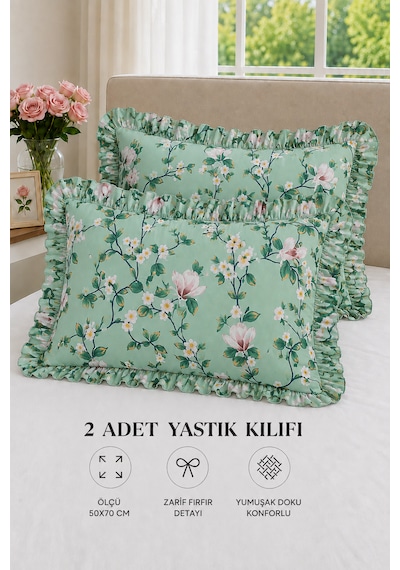 2 Li Pamuklu Fırfırlı Yastık Kılıfı 50x70 Yeşil