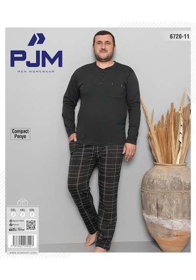 Pijamoni Erkek Battal Düğme Yaka Penye Uzun Kol İnce Pijama Takımı 6720/11 - 1 Adet Siyah