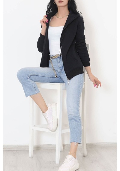 Bensu Store - Kapşonlu Fermuarlı Sweat Siyah - 11866.108. 001