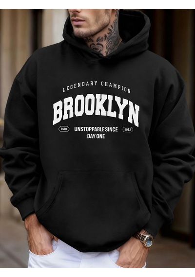 Startmore Startmorebrooklyn Unstoppable Since Day One Baskılı Sokak Modası Kapüşonlu Üst Erkek Günlük Polar Tişö Siyah
