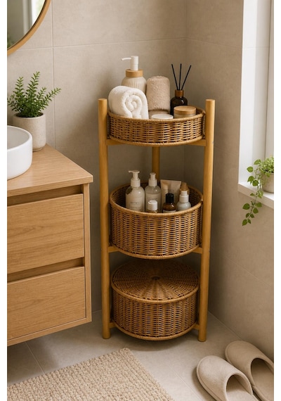 3 Katlı Bambu Rattan Organizer Sepet Mutfak Banyo Salon Düzenleyici Raf Sebzelik Patates Soğanlık
