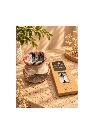 Mermer Desenli Seramik Buhurdanlık Ve 10 Lu Tealight Mum /bej/kırmızı/siyah Bej-kırmızı-siyah