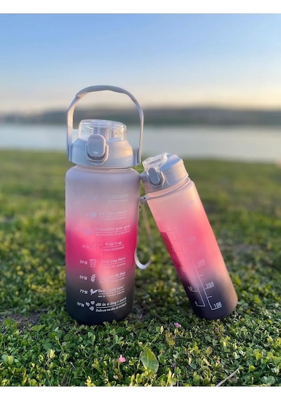 Motivasyonel Su Matarası, 2 Lt Ve 900 Ml, Siyah Pembe, Spor Salon Şişesi Çok Renkli