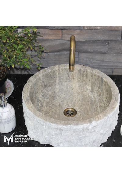 Gümüş Traverten Dizayn Patlatma Silindir Lavabo