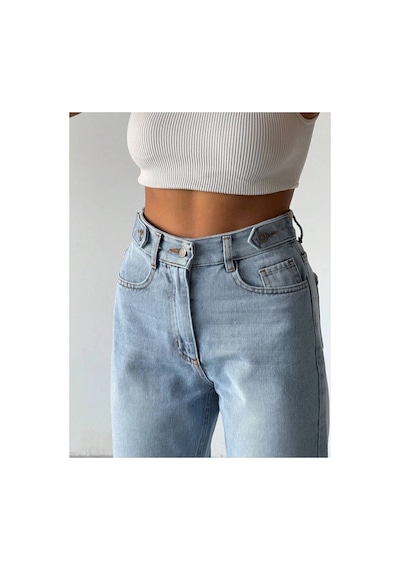 Kene Jeans Taş Kemer Apolet Detaylı Mom Jeans Taş