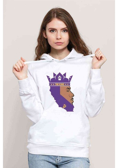 The King 23 La Basketbol Baskılı Beyaz Kadın Kapşonlu Sweatshirt