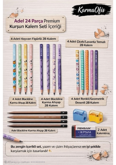 24 Parça Premium Kurşun Kalem Seti + Silgi + Kalemtıraş 2b Çizim Ve Yazı Kalemi Seti Ekru