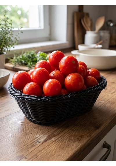 Siyah Oval Tasarım Hasır Detaylı Ekmek, Sebzelik Sepeti 27x 8 Cm