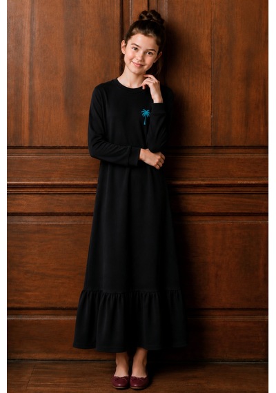 Angel&co. Girls Clothing Kız Çocuk Siyah Uzun Kollu Maksi Tesettür Penye Elbise Siyah - 842728793 Siyah