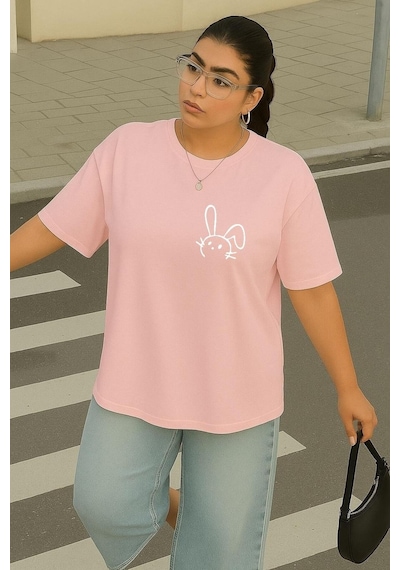 Büyük Beden Tavşan Baskılı Unisex Tişört Pembe