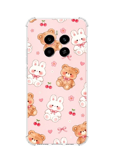 Realme 12 4g-12 Plus Uyumlu Pembe Ayıcıklı Ve Tavşanlı Kawaii Kiraz Baskılı Silikon Kılıf