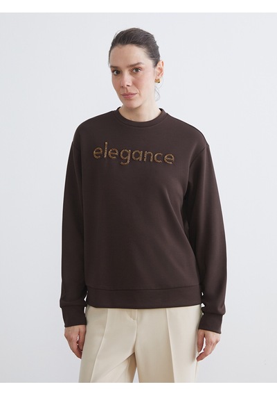 Lcw Everyday Kahverengi Bisiklet Yaka Taşlı Kadın Sweatshirt