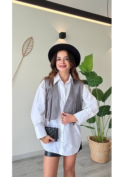 Duygudan Püskül Detaylı Modern Yelek Güçlü Ve Özgür Stil-gri - Gri