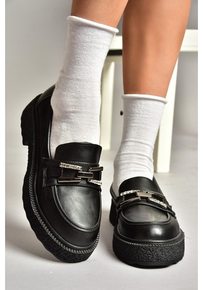 Fox Shoes T996198409 Siyah Kalın Tabanlı Makosen Kadın Ayakkabı Siyah-suni Deri Siyah