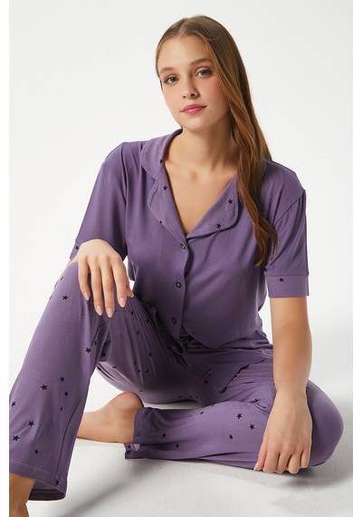 Ritnice Kadın Star Yumuşak Doku Mor Yıldızlı Ön Düğmeli Kısa Kollu Pijama Takımı