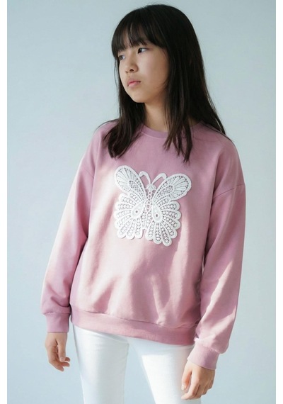 Breeze Kız Çocuk Sweatshirt Kelebek Aplike Nakışlı 8-12 Yaş, Gülkurusu Gül Kurusu