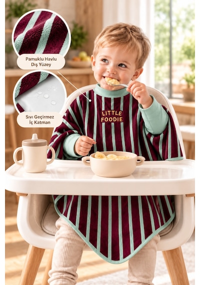 Reyo 6 Ay-6 Yaş Silinebilir Uzun Kollu Bebek Mama Önlüğü, Çocuk Aktivite Önlüğü, Pamuklu,su Geçirmez - Little Foodie