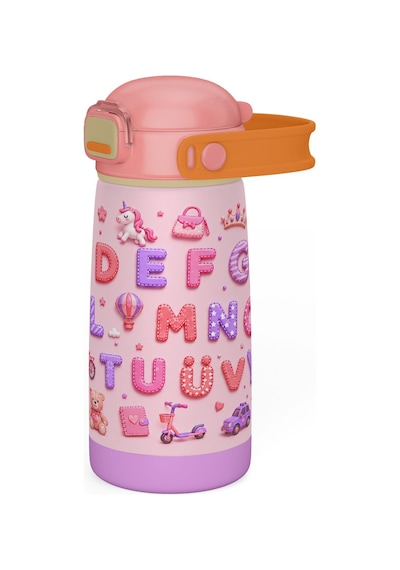 Puccon 420 Ml Kız Çocuklar İçin Alfabe Harfler Baskılı Çelik Matara Termos Suluk - 60018 Pembe - Mor