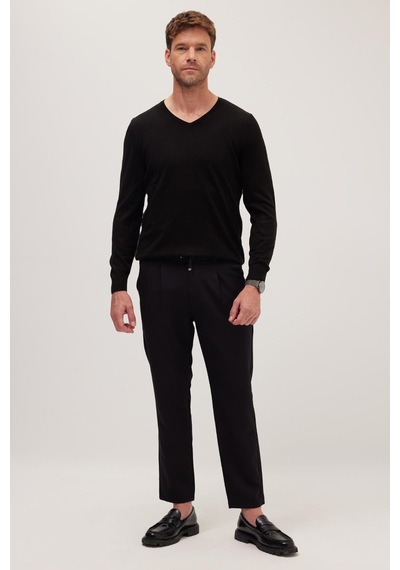 Tudors Erkek Slim Fit Dar Kesim Lastikli Bağcık Detaylı Siyah Pantolon-38236 Siyah