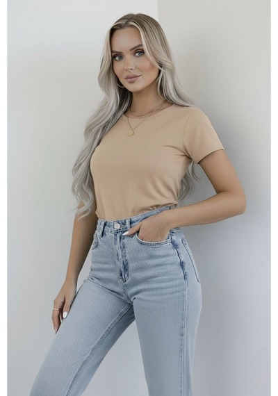 Hashtag Kadın Bisiklet Yaka Kısa Kollu Body Basic Tişört Viskon Kumaş Bej