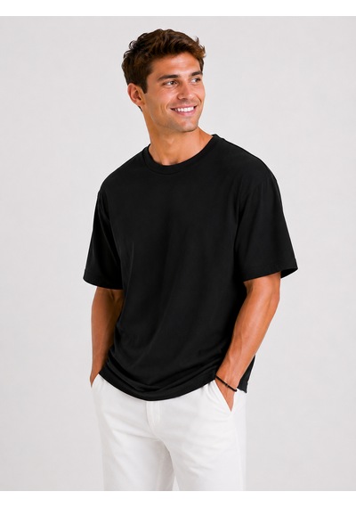 Vasto Moda Erkek Oversize Kalın Dokulu %100 Organik Pamuk Bisiklet Ribana Yakalı Siyah T-shirt