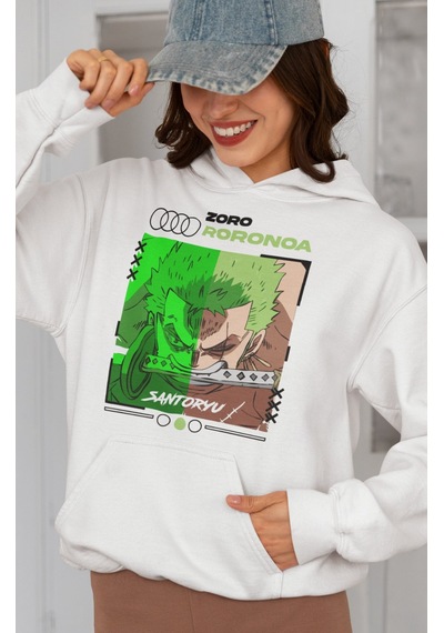 Sevbano Zoro Roronoa Santoryu One Piece Baskılı Unisex Oversize Anime Kar beyaz