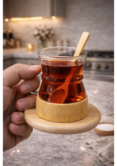 Qerhome 6'lı Borosilikat Cam Bambu Tabaklı Ve Kaşıklı Çay Bardağı Seti Şeffaf
