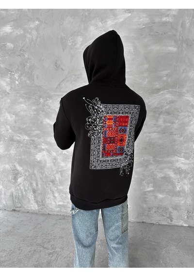 Barlashive Erkek Kapüşonlu Kanguru Cepli Sweatshirt 3 İplik Pamuklu Baskılı Hoodie - Siyah Çok Renkli