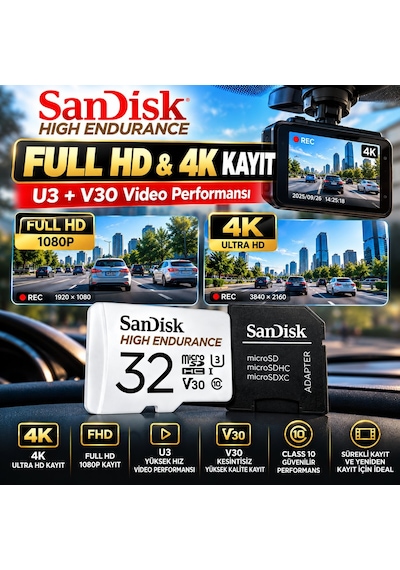Sandisk High Endurance 32 Gb Microsdhc Hafıza Kartı + Sd Adaptör 100 Mb/s, U3 V30 Class 10, 4k Ful