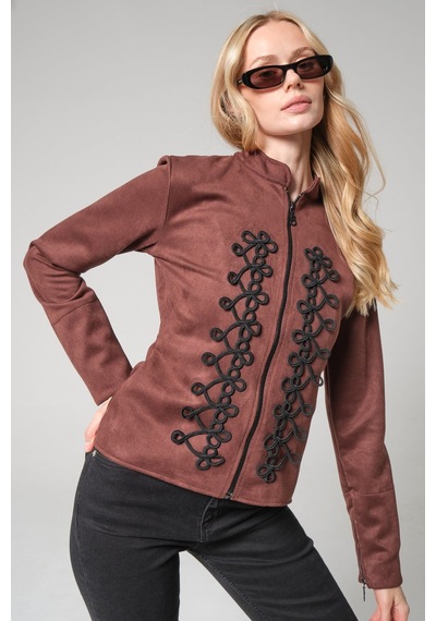 Mayrem Nakış İşleme Detaylı Slim Fit Fermuarlı Kadın Süet Ceket Kahverengi