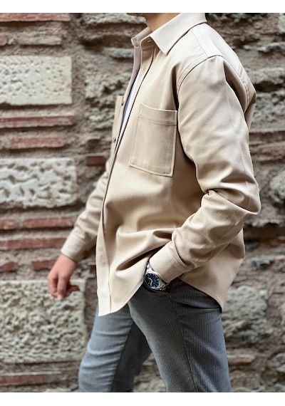 Oversize Gabardin Pamuklu Hediye Kutulu Erkek Ceket Gömlek Fs-003868 - Bej-2554