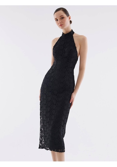 Markapia Dantel Halter Yaka Siyah Elbise Standart