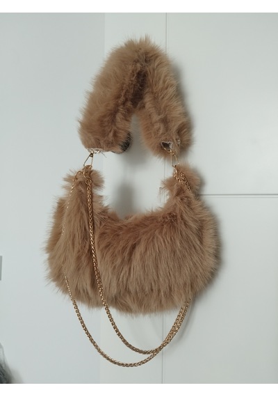 Vivazzaluxe Vintage Peluş Kürk Model Sonbahar, Kış Tote Bag Kadın El, Omuz, Çapraz Çanta Bej