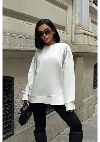 WeShaya Kadın Kırık Beyaz Oversize Dokuma Uzun Kollu Sweatshirt Kırık Beyaz