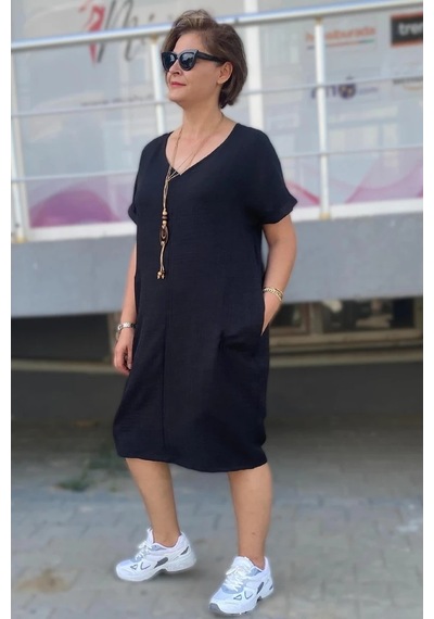 Mia Butik Büyük Beden Siyah Kolye Hediyeli Salaş Elbise Siyah