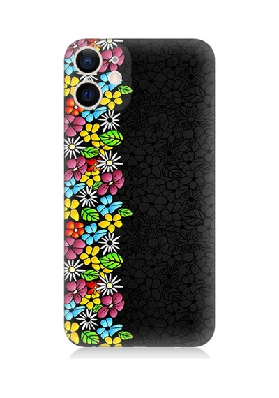 Apple Uyumlu  iPhone 12 Mini Silikon Kılıf Parlak Çiçekler Ve Siyah Motif