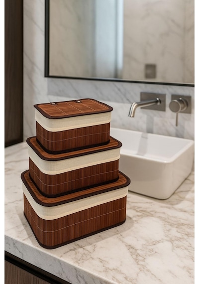 3 Lü Kapaklı Bambu Depolama&amp Organizer Sepeti 36x26x17 Cm Kahverengi Diğer