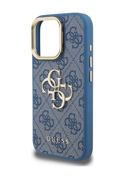 Apple Uyumlu iPhone 15 Pro Max Kılıf Guess Lisanslı Metal 4g Ve Yazı Logolu Kamera Standlı Kapak Mavi