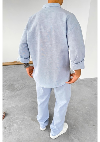 Mavi Premium Keten Basic Oversize Gömlek Mavi