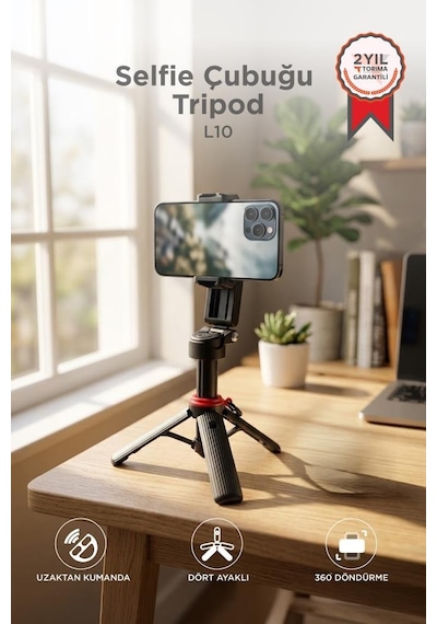 Tripod Çok Amaçlı 360 Derece Kumandalı Selfie Çubuğu L10 Siyah