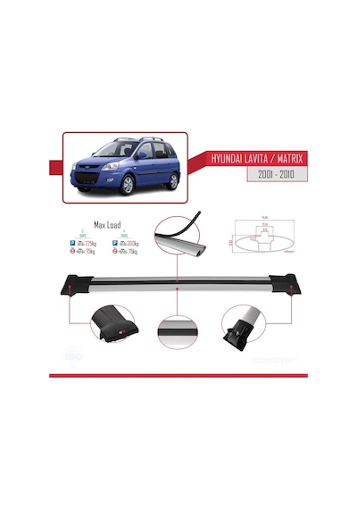 Hyundai Lavita / Matrix Fc 2001-2010 Arası İle Uyumlu Fly Model Ara Atkı Tavan Barı Gri 3 Adet Bar