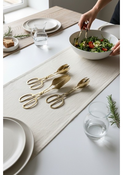 Akayev Aurea 3lü Premium Altın Kaplama Pasta Salata Makarna Maşa Takımı Gold