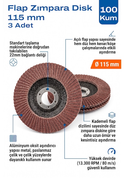 115 Mm Flap Zımpara Diski 100 Kum 3 Adet Açılı Metal Taşlama Ucu