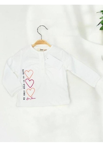 Çikoby Kız Bebek Pamuklu İnce Uzun Kollu Kalp Desenli Bluz-14897 Ekru