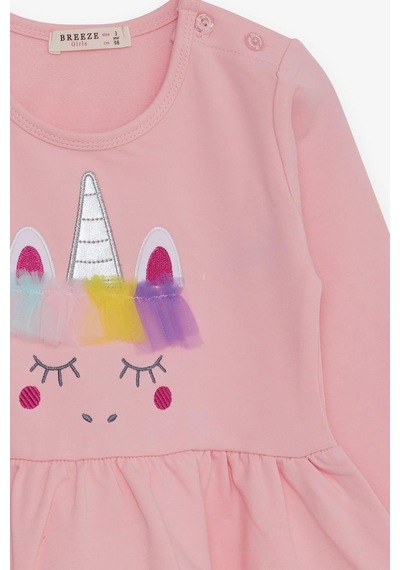 Breeze Kız Çocuk Uzun Kollu Elbise Tüllü Unicorn Nakışlı 1.5-5 Yaş, Pembe-pembe Pembe